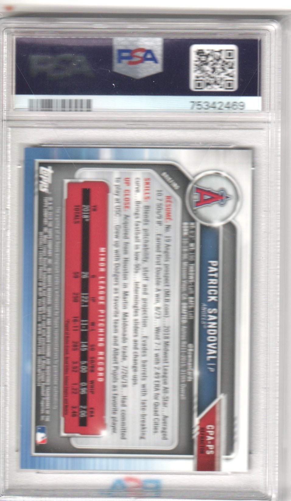PATRICK SANDOVAL 2019 Bowman Chrome Prospect 1st Autograph Refractor /499 PSA 9 - Columbia Hobby - Sports Card Boxes - Toploaders - Card Savers