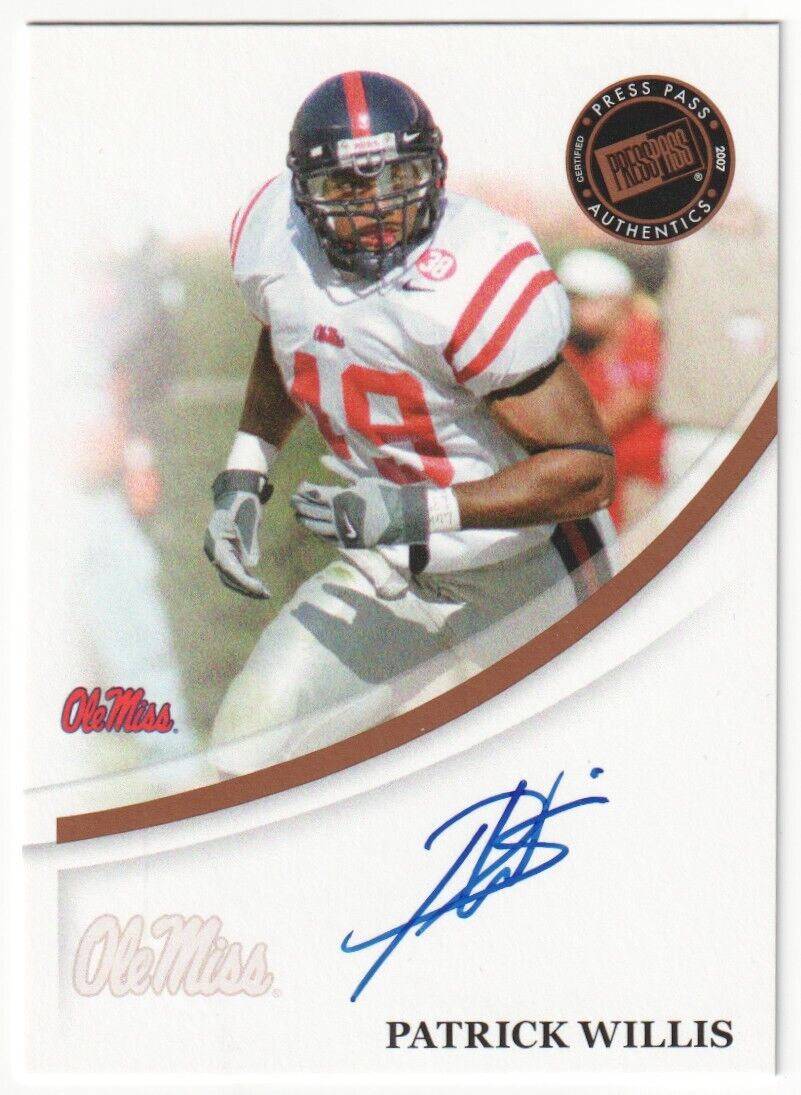 PATRICK WILLIS 2007 Press Pass Autograph Auto RC Rookie - 49ERS - Columbia Hobby - Sports Card Boxes - Toploaders - Card Savers