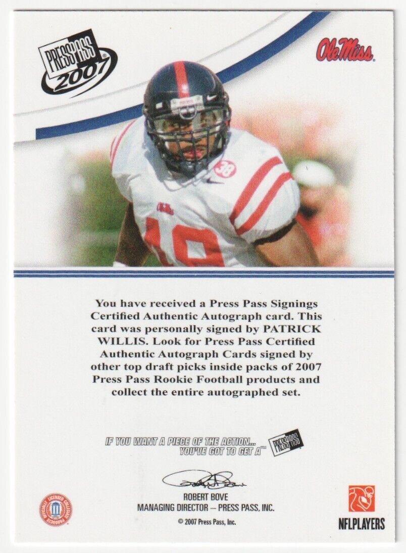 PATRICK WILLIS 2007 Press Pass Autograph Auto RC Rookie - 49ERS - Columbia Hobby - Sports Card Boxes - Toploaders - Card Savers
