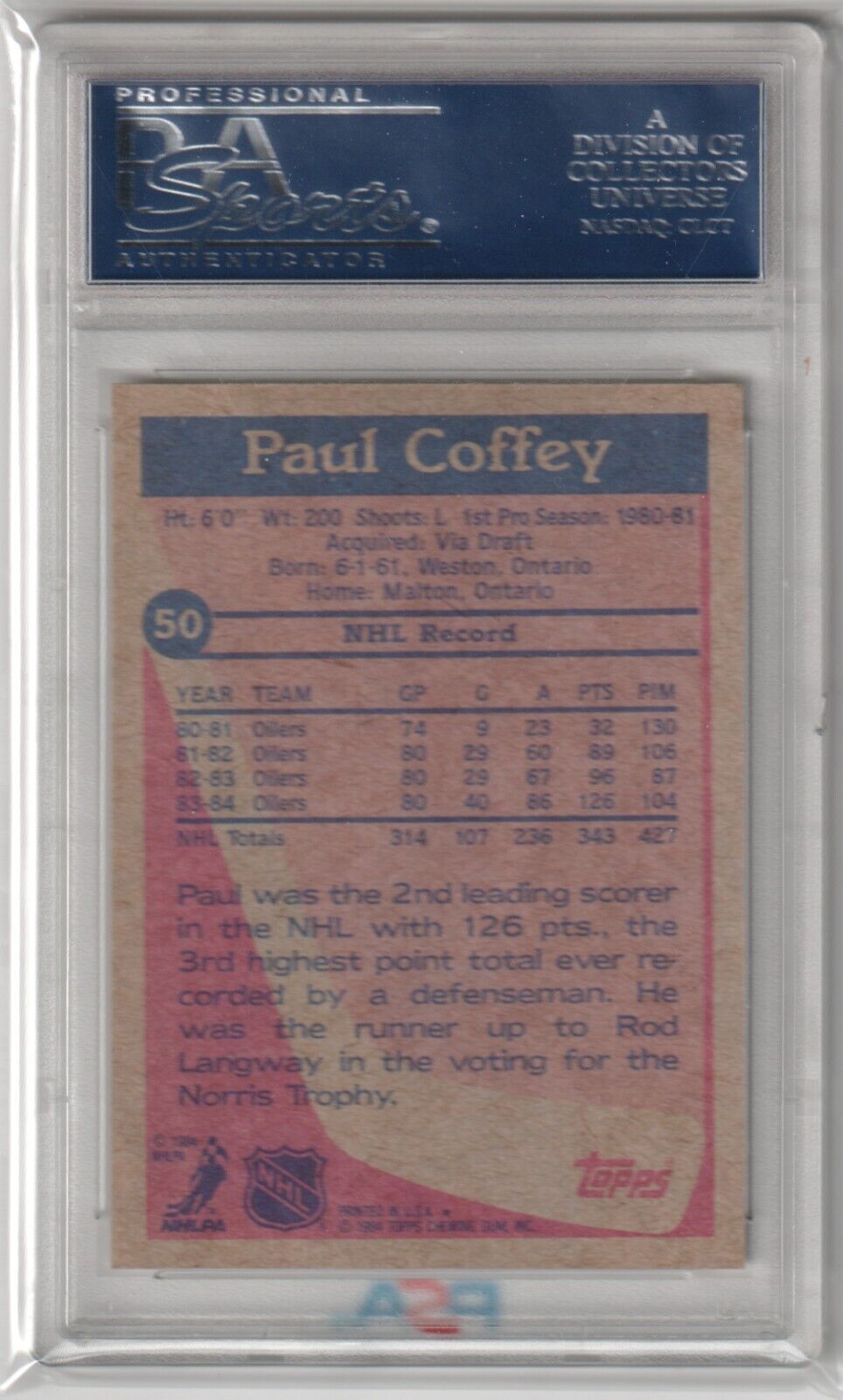 PAUL COFFEY 1984 - 85 Topps #50 PSA 9 MINT - OILERS - Columbia Hobby - Sports Card Boxes - Toploaders - Card Savers