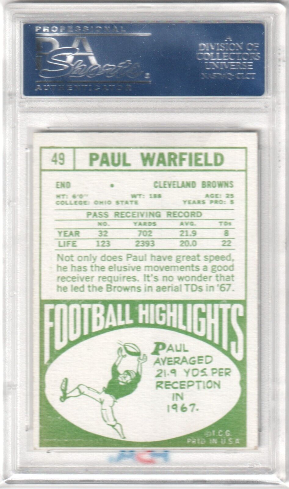 PAUL WARFIELD 1968 Topps #49 Autograph Auto PSA / DNA Certified - BROWNS - Columbia Hobby - Sports Card Boxes - Toploaders - Card Savers
