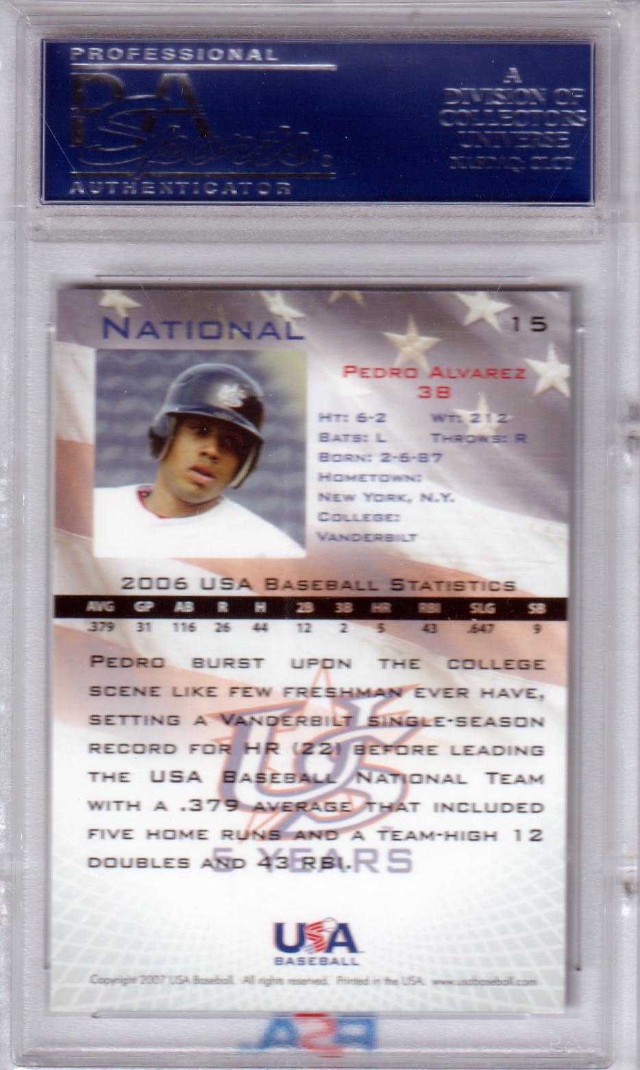 PEDRO ALVAREZ 2006 Usa Baseball RC Rookie #15 PSA 10 GEM MINT - PIRATES Pop 6 - Columbia Hobby - Sports Card Boxes - Toploaders - Card Savers