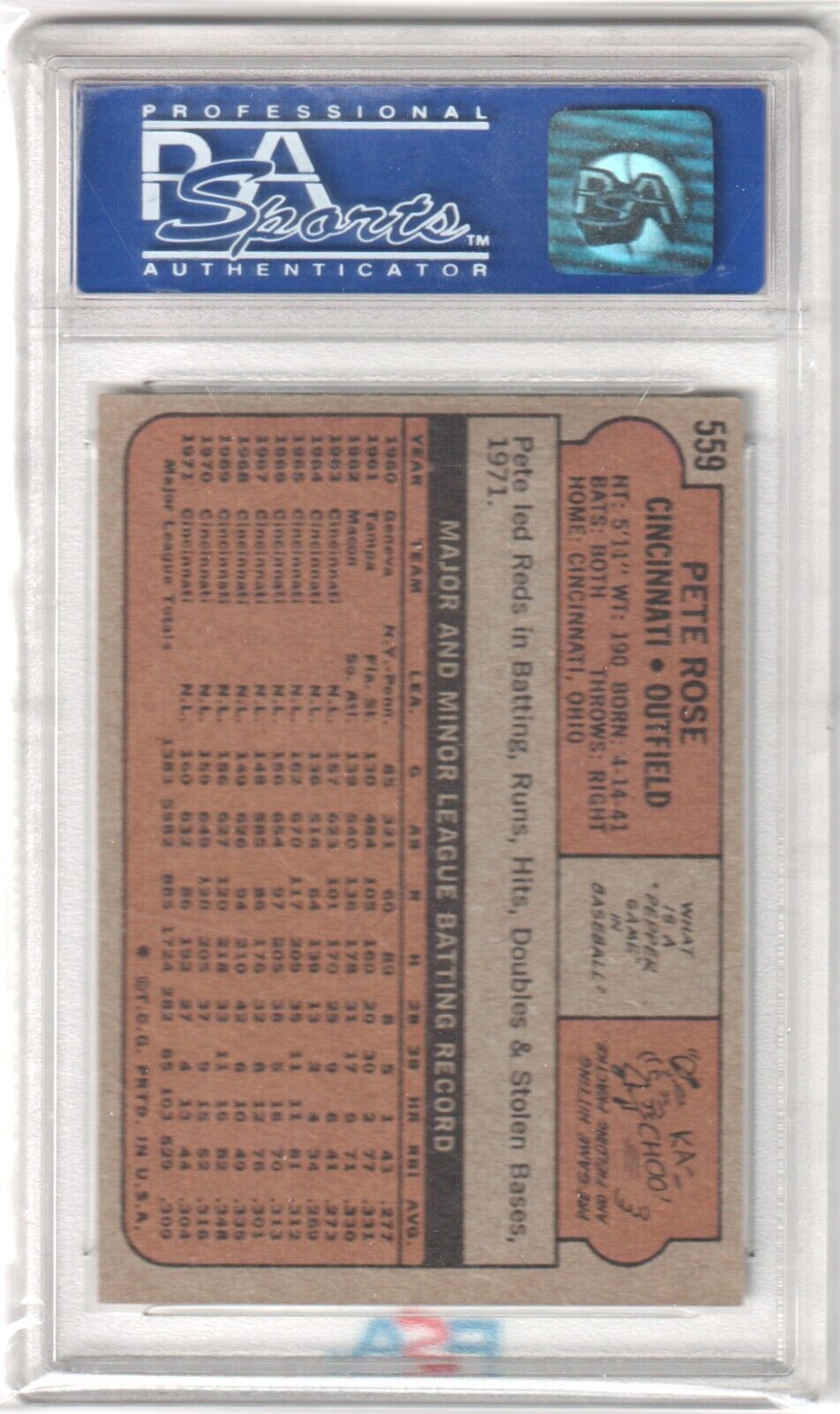 PETE ROSE 1972 Topps #559 PSA 8 NM - MT - REDS - Columbia Hobby - Sports Card Boxes - Toploaders - Card Savers