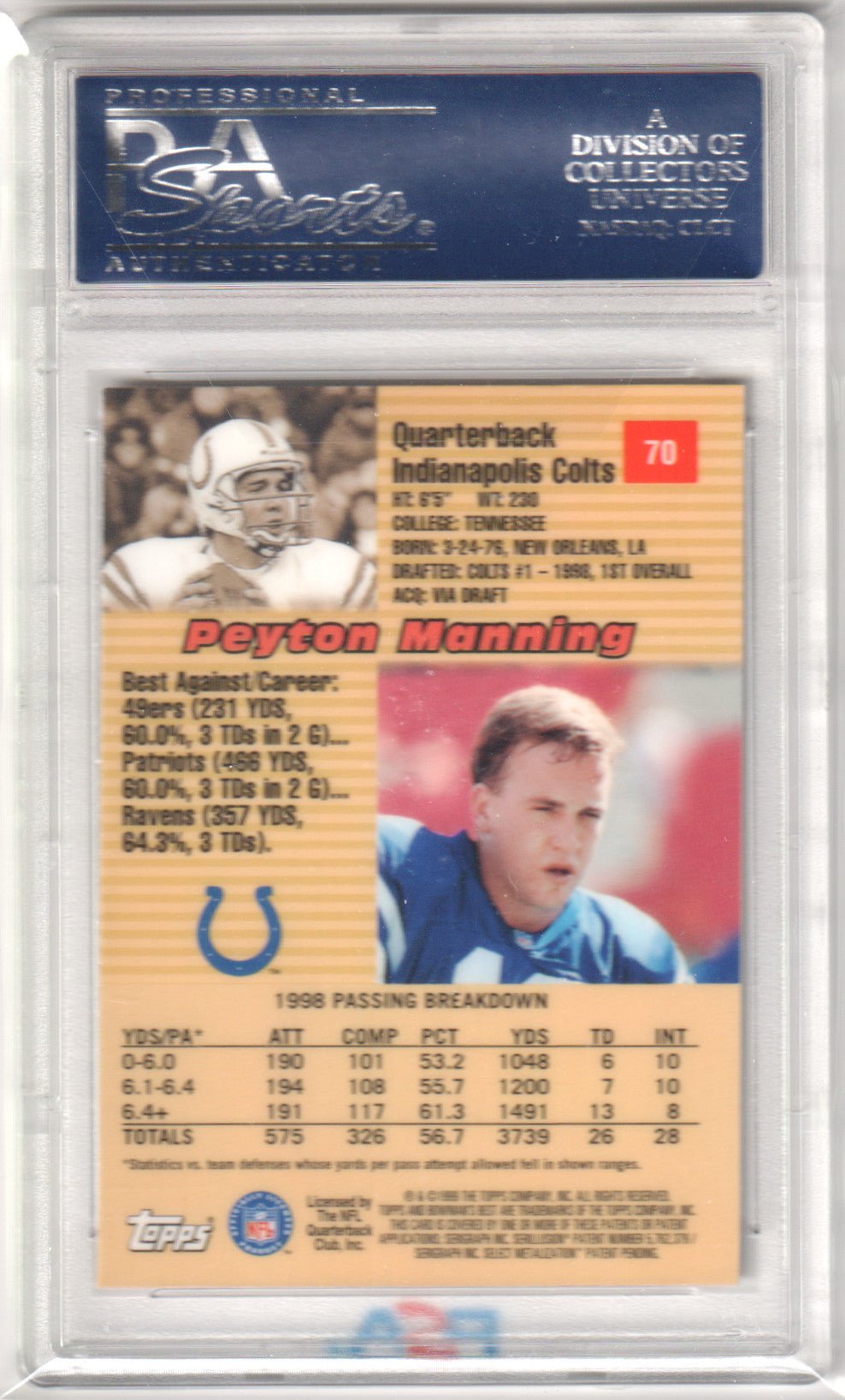 PEYTON MANNING 1999 Bowman's Best 70 PSA 10 GEM MINT - COLTS - Columbia Hobby - Sports Card Boxes - Toploaders - Card Savers