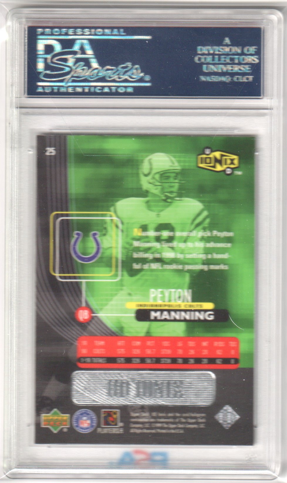 PEYTON MANNING 1999 Upper Deck Ionix 25 PSA 10 GEM MINT - COLTS - Columbia Hobby - Sports Card Boxes - Toploaders - Card Savers