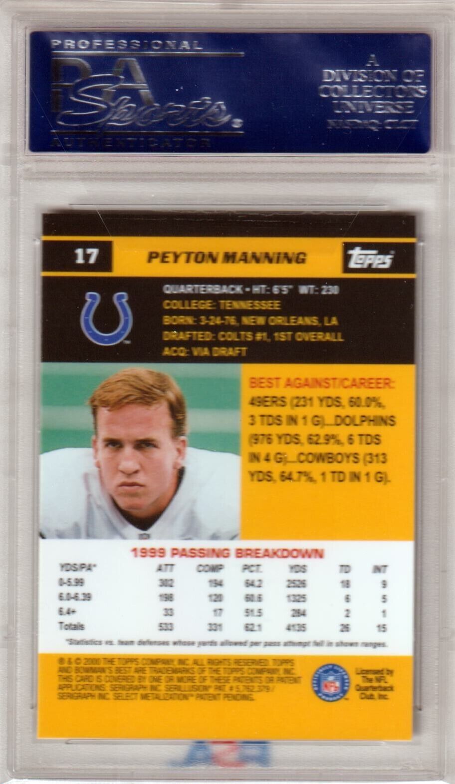 PEYTON MANNING 2000 Bowman's Best #17 PSA 10 GEM MINT - COLTS - Columbia Hobby - Sports Card Boxes - Toploaders - Card Savers
