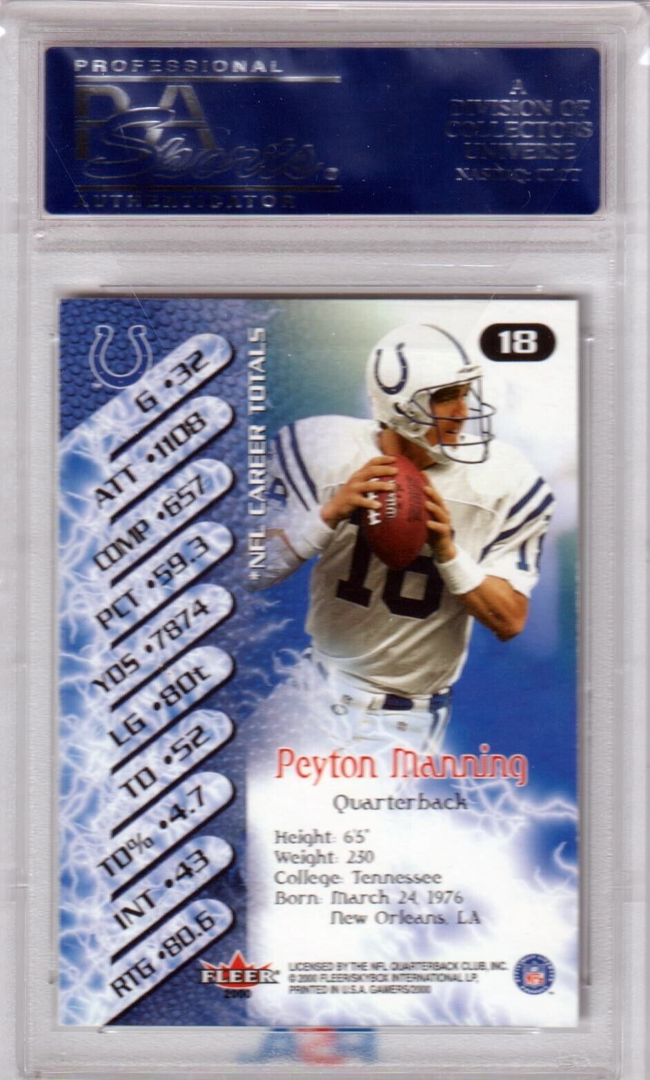 PEYTON MANNING 2000 Fleer Gamers #18 PSA 10 GEM MINT - COLTS POP 17 - Columbia Hobby - Sports Card Boxes - Toploaders - Card Savers
