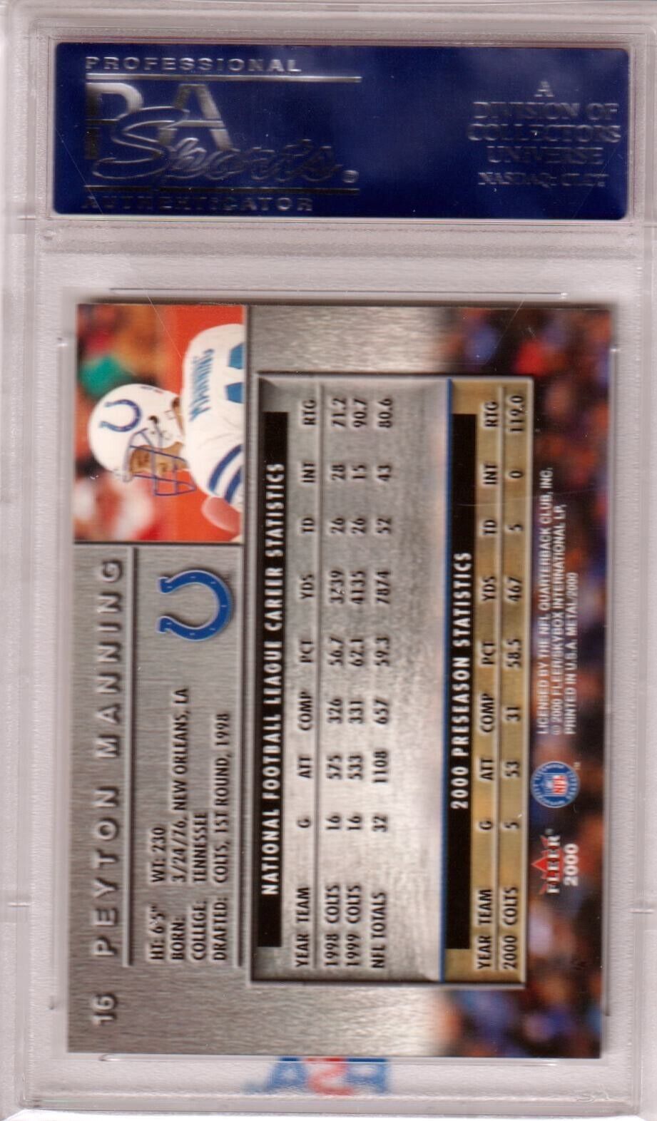 PEYTON MANNING 2000 Fleer Metal #16 PSA 10 GEM MINT - COLTS POP 4 - Columbia Hobby - Sports Card Boxes - Toploaders - Card Savers