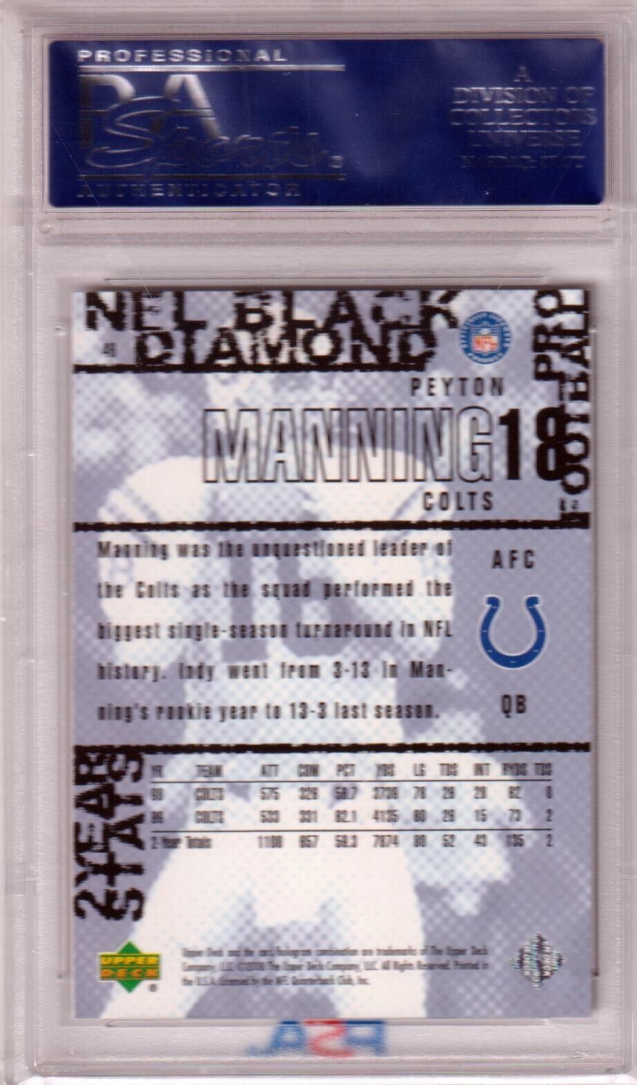 PEYTON MANNING 2000 Upper Deck Black Diamond #46 PSA 10 GEM MINT - COLTS POP 10 - Columbia Hobby - Sports Card Boxes - Toploaders - Card Savers
