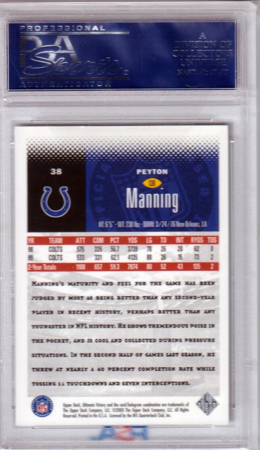 PEYTON MANNING 2000 Upper Deck Ultimate Victory #38 PSA 10 GEM MINT - COLTS - Columbia Hobby - Sports Card Boxes - Toploaders - Card Savers