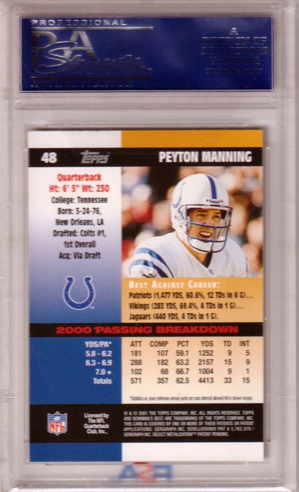 PEYTON MANNING 2001 Bowman's Best #48 PSA 10 GEM MINT - COLTS POP 15 - Columbia Hobby - Sports Card Boxes - Toploaders - Card Savers