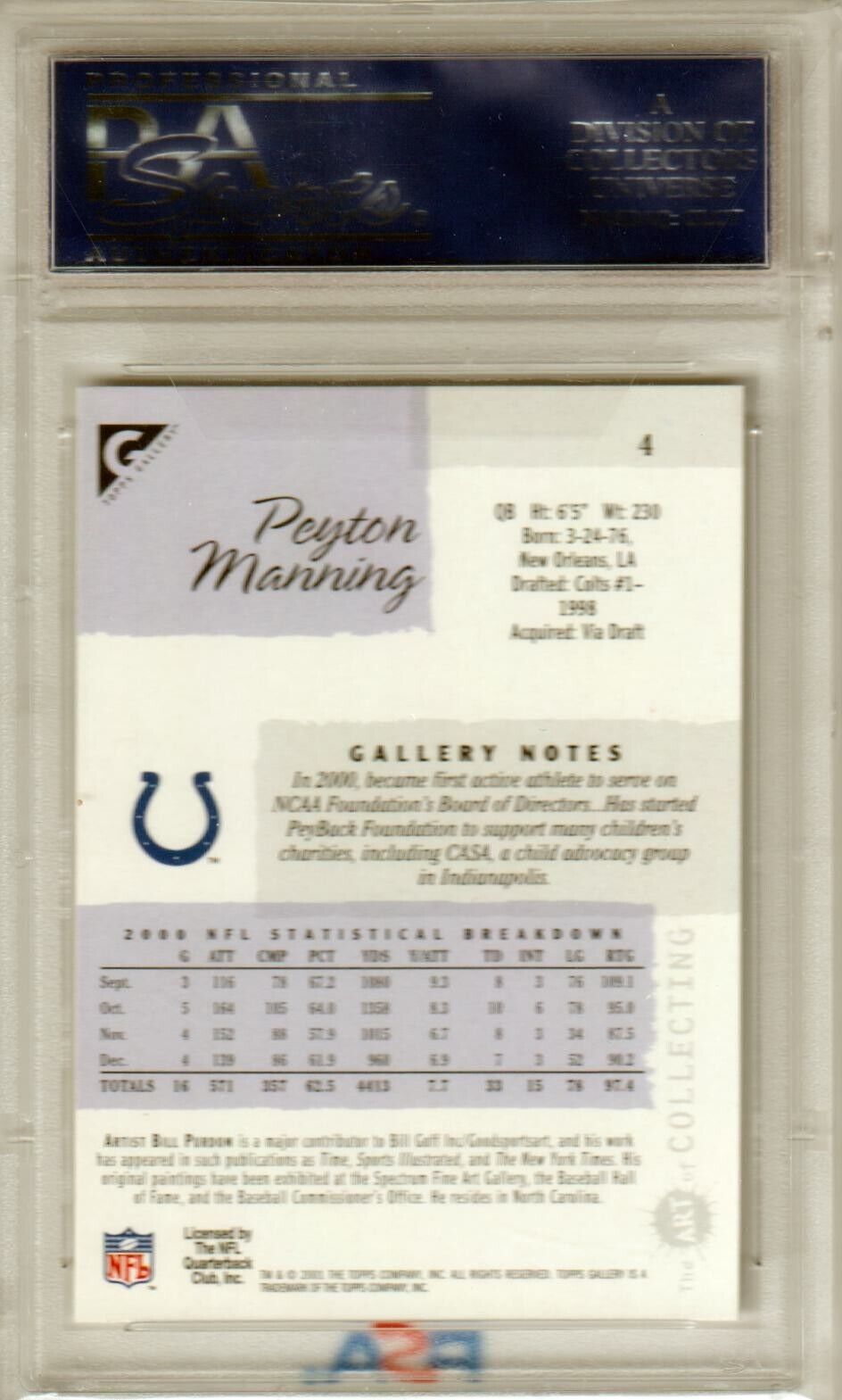 PEYTON MANNING 2001 Topps Gallery #4 PSA 10 GEM MINT - COLTS POP 11 - Columbia Hobby - Sports Card Boxes - Toploaders - Card Savers