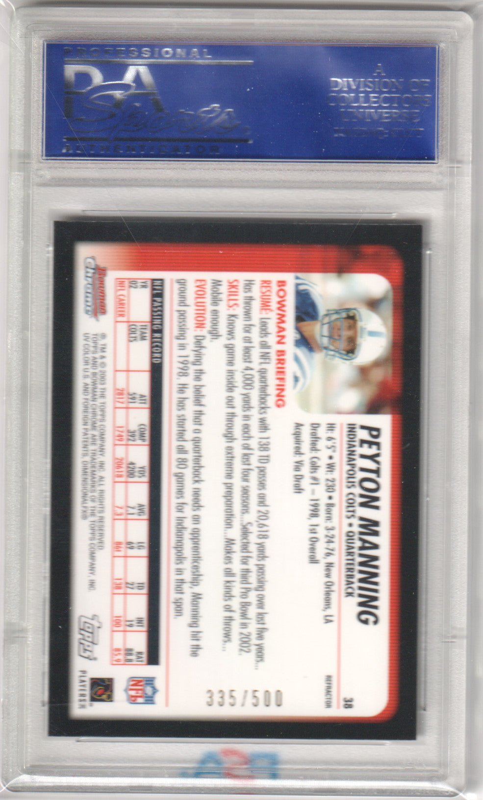 PEYTON MANNING 2003 Bowman Chrome 38 Refractor PSA 10 GEM MINT - COLTS Pop 3 - Columbia Hobby - Sports Card Boxes - Toploaders - Card Savers