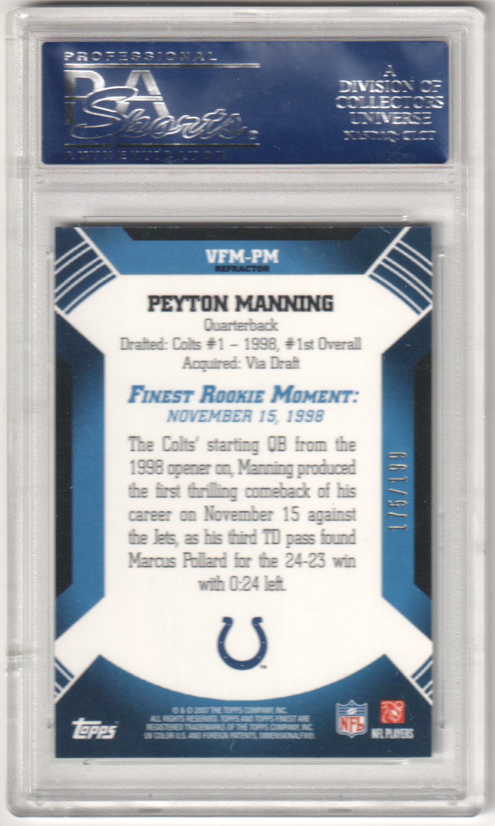PEYTON MANNING 2007 Topps Finest Moments Green Refractor PSA 10 GEM MINT - COLTS - Columbia Hobby - Sports Card Boxes - Toploaders - Card Savers