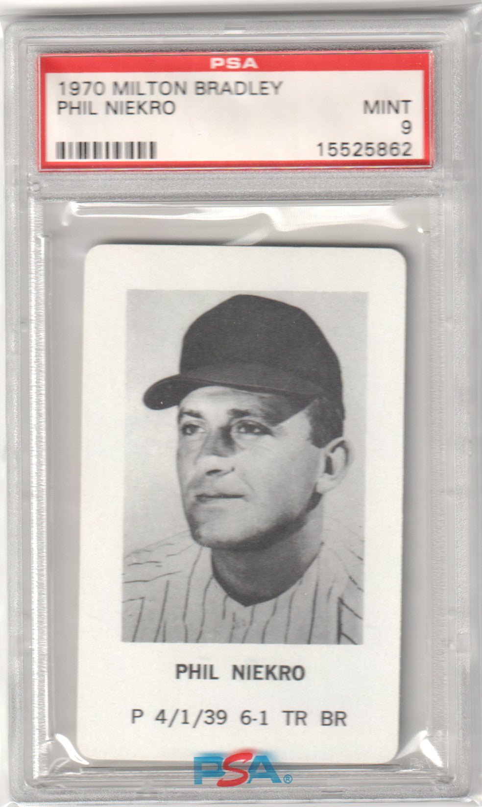PHIL NIEKRO 1970 Milton Bradley PSA 9 MINT - BRAVES - Columbia Hobby - Sports Card Boxes - Toploaders - Card Savers