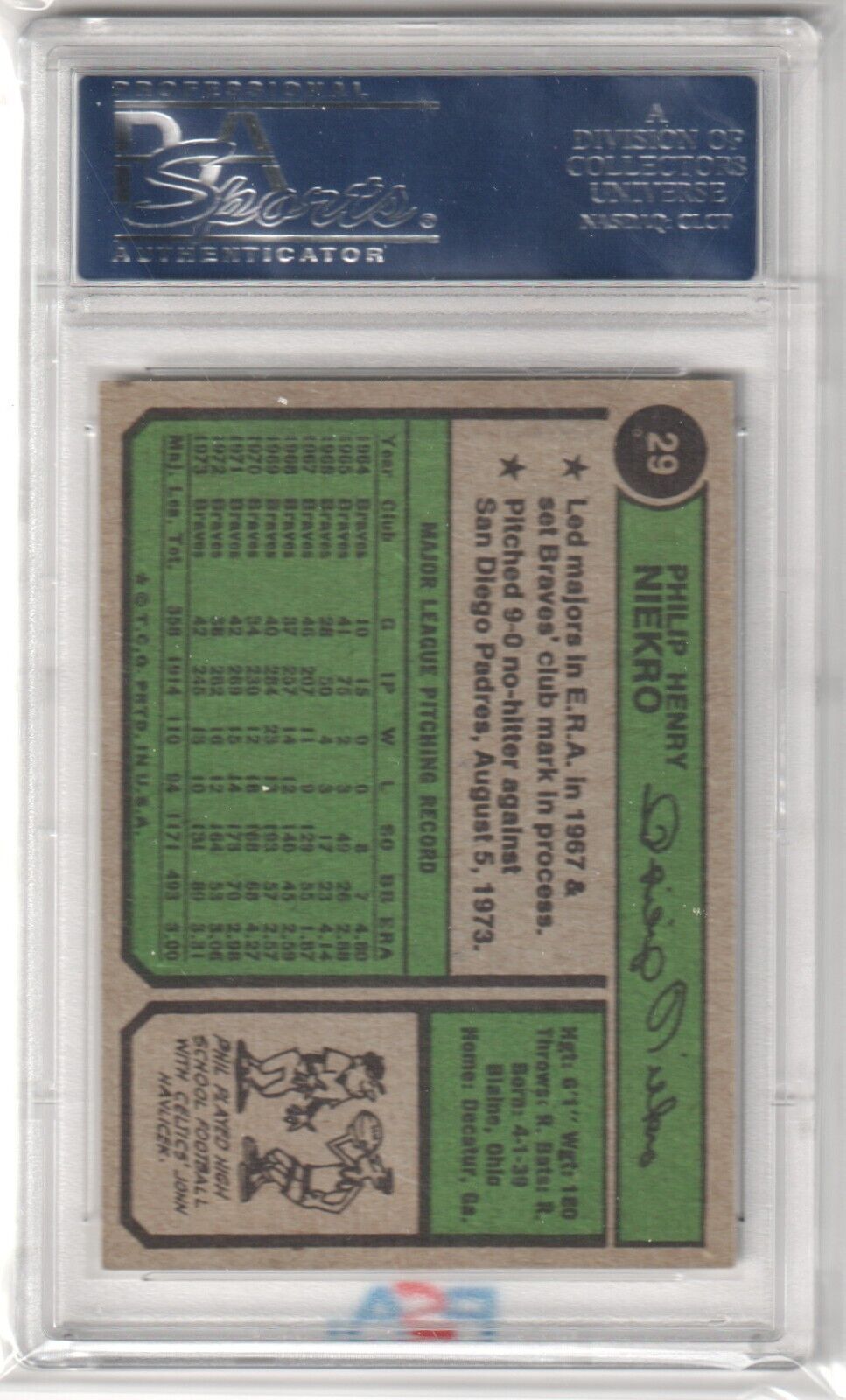 PHIL NIEKRO 1974 Topps Autograph Auto #29 PSA / DNA - BRAVES - Columbia Hobby - Sports Card Boxes - Toploaders - Card Savers