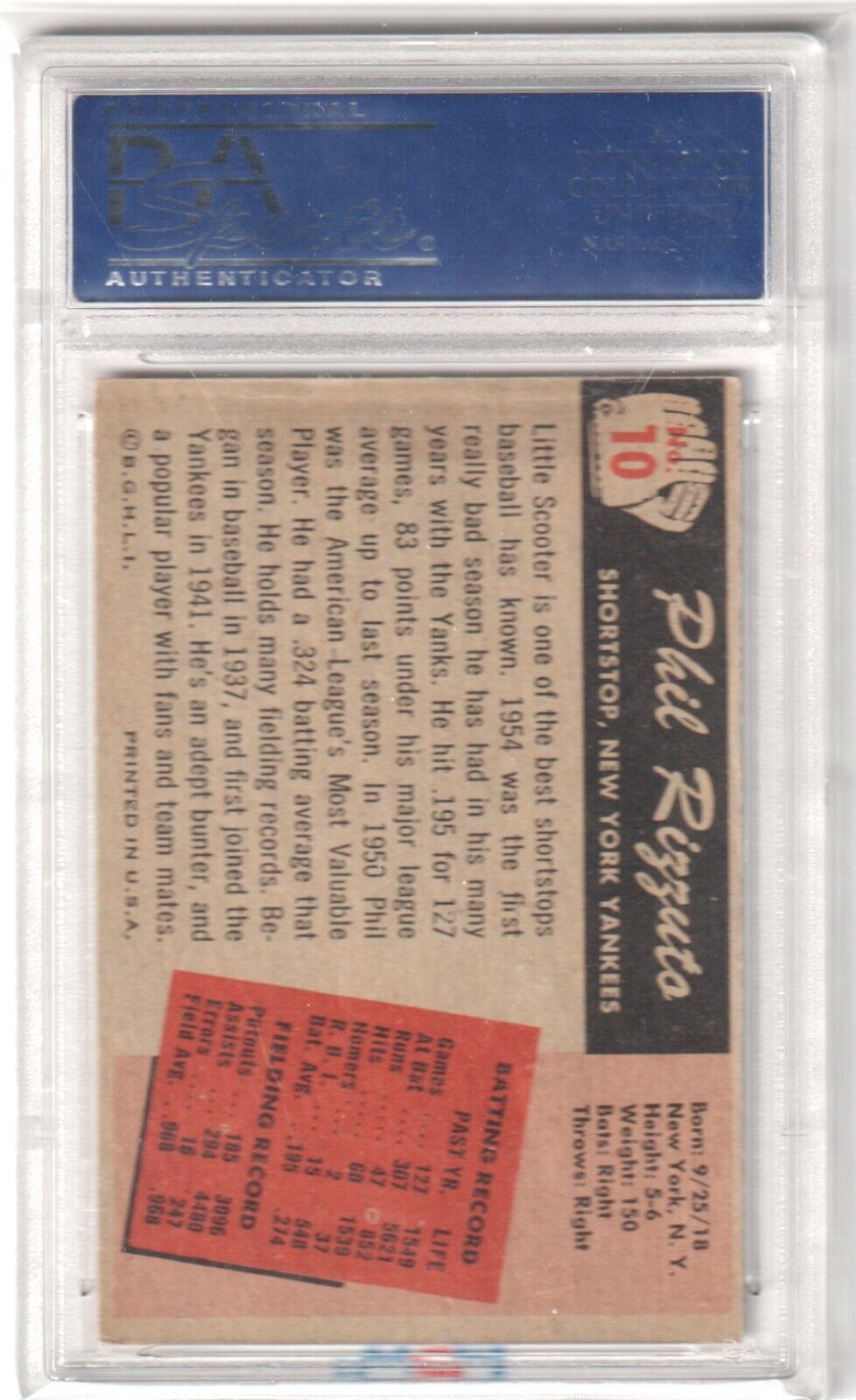 PHIL RIZZUTO 1955 Bowman #10 PSA 7 NM - YANKEES - Columbia Hobby - Sports Card Boxes - Toploaders - Card Savers