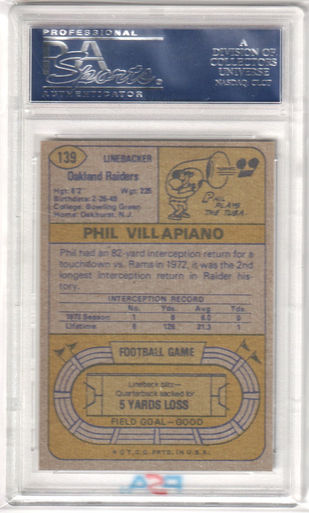 PHIL VILLAPIANO 1974 Topps 139 PSA 8 NM - MT - RAIDERS - Columbia Hobby - Sports Card Boxes - Toploaders - Card Savers