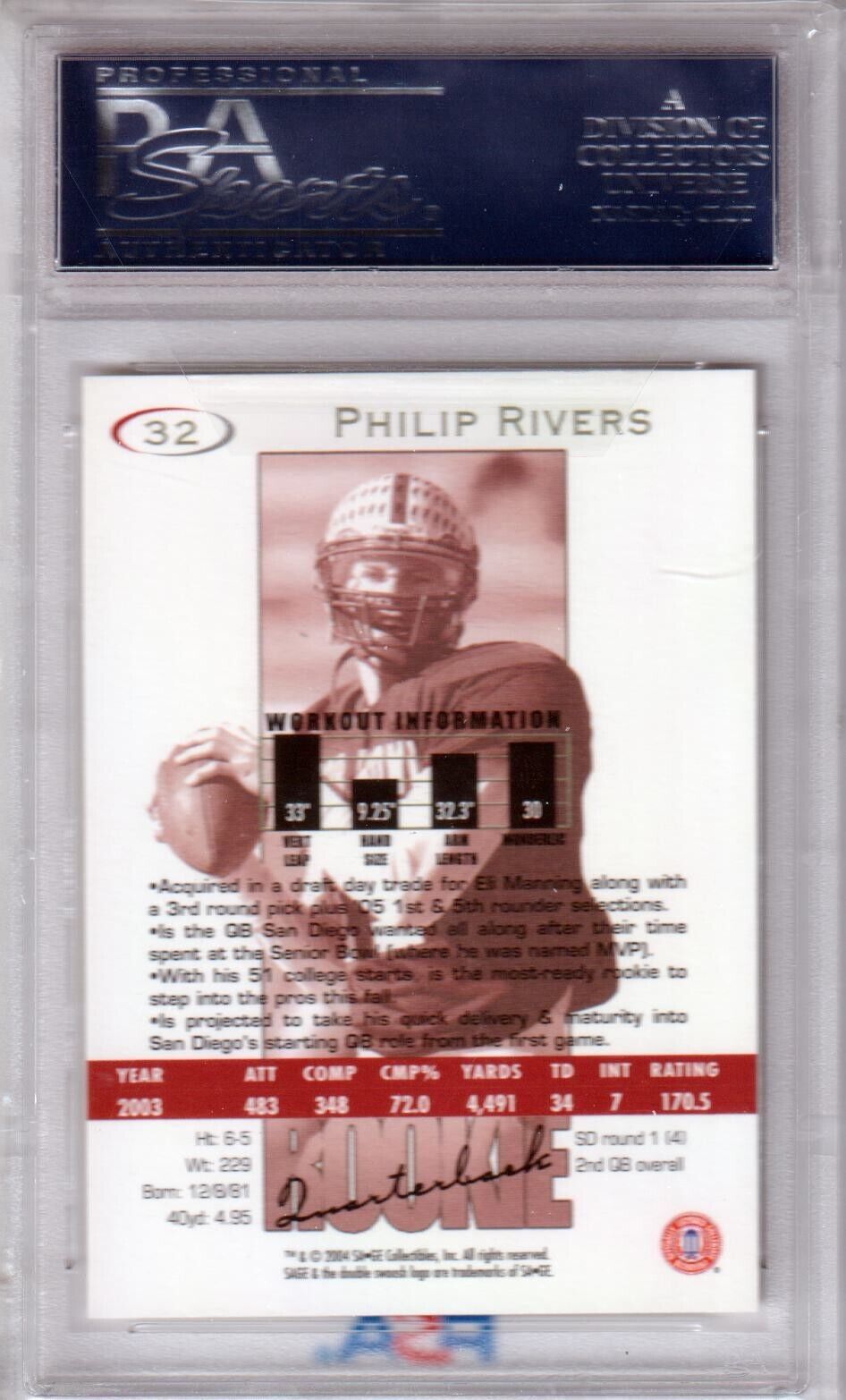PHILIP RIVERS 2004 Sage Rookie RC #32 /3200 PSA 10 GEM MINT - CHARGERS - Columbia Hobby - Sports Card Boxes - Toploaders - Card Savers
