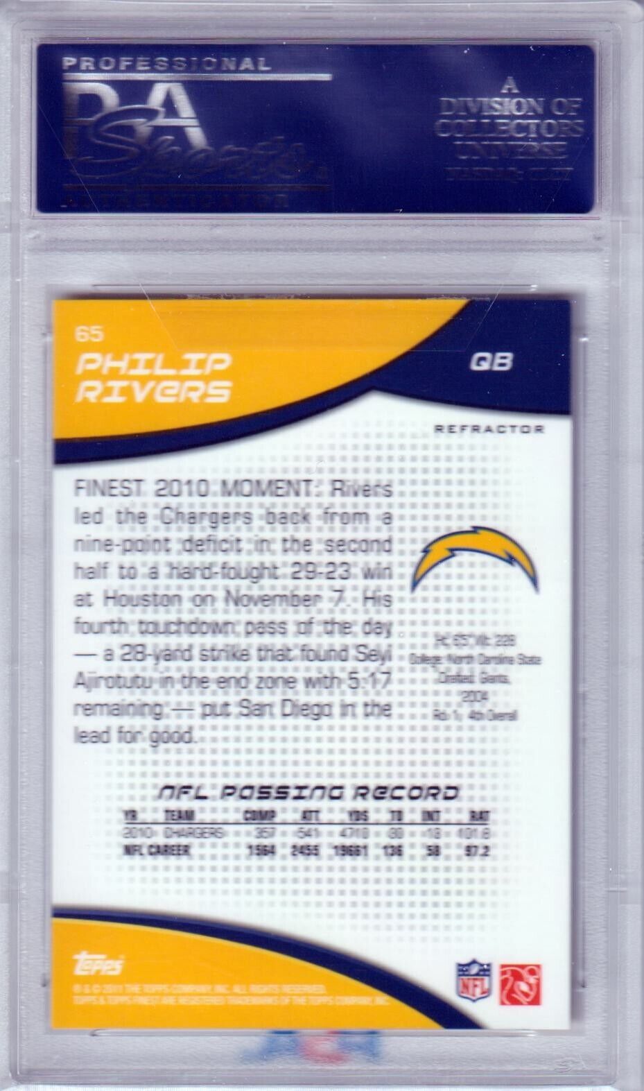 PHILIP RIVERS 2011 Topps Finest XFractor /399 #65 PSA 10 GEM MINT - CHARGERS - Columbia Hobby - Sports Card Boxes - Toploaders - Card Savers