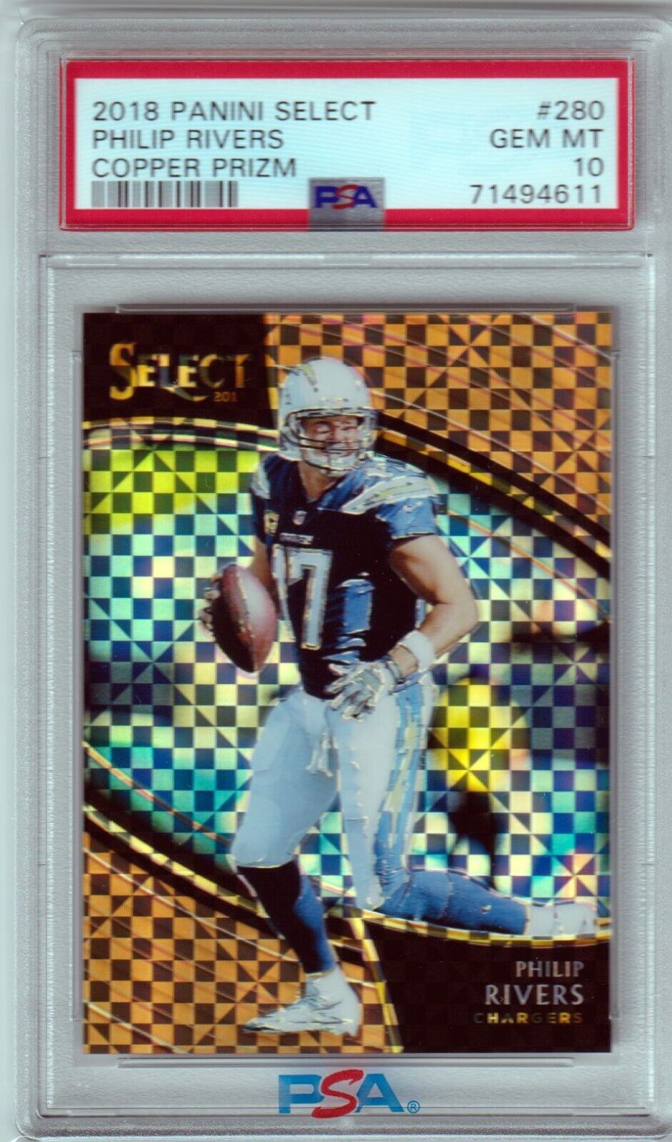 PHILIP RIVERS 2018 Panini Select Copper Prizm Field Level #/75 PSA 10 GEM MINT - Columbia Hobby - Sports Card Boxes - Toploaders - Card Savers