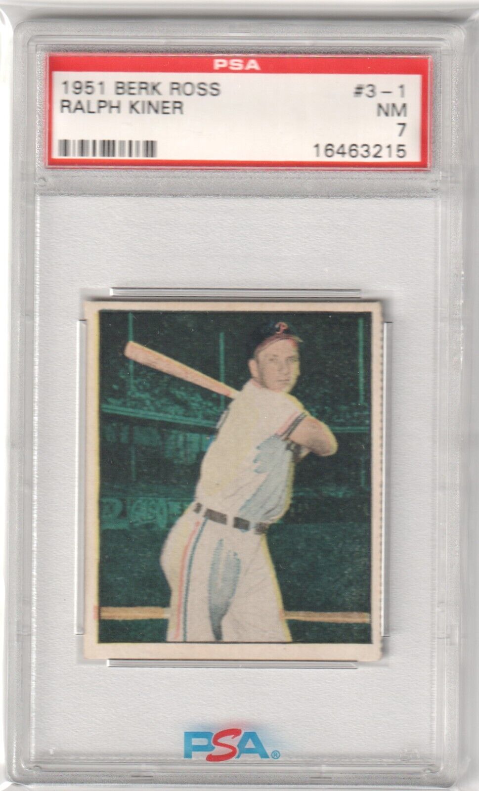 RALPH KINER 1951 Berk Ross #3 - 1 PSA 7 NM - PIRATES POP 8 - Columbia Hobby - Sports Card Boxes - Toploaders - Card Savers
