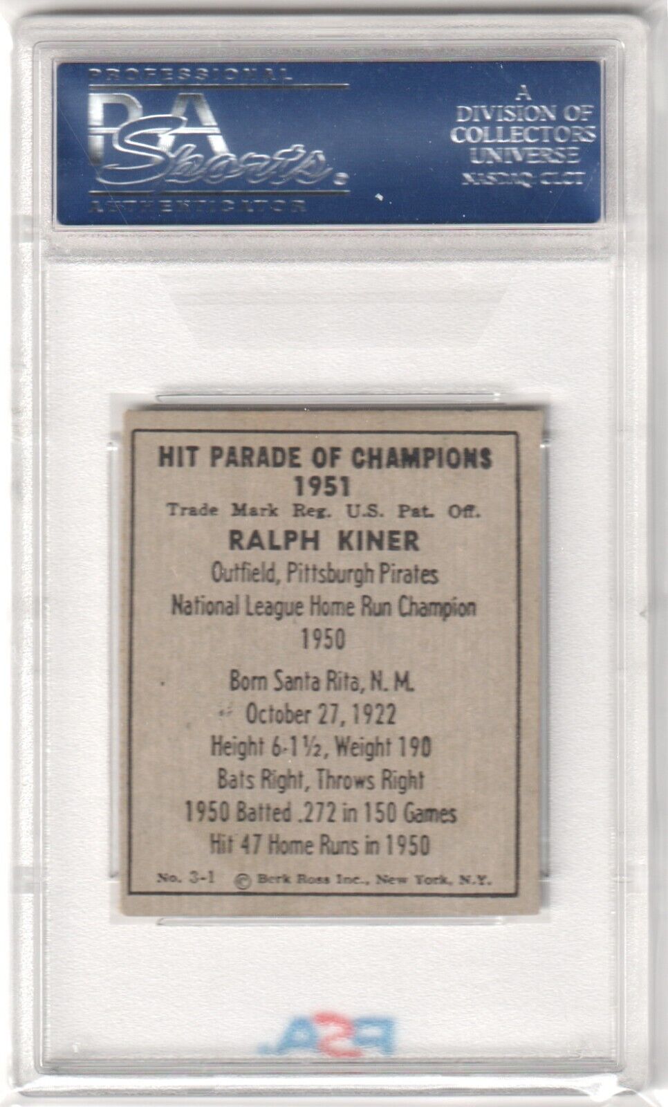 RALPH KINER 1951 Berk Ross #3 - 1 PSA 7 NM - PIRATES POP 8 - Columbia Hobby - Sports Card Boxes - Toploaders - Card Savers