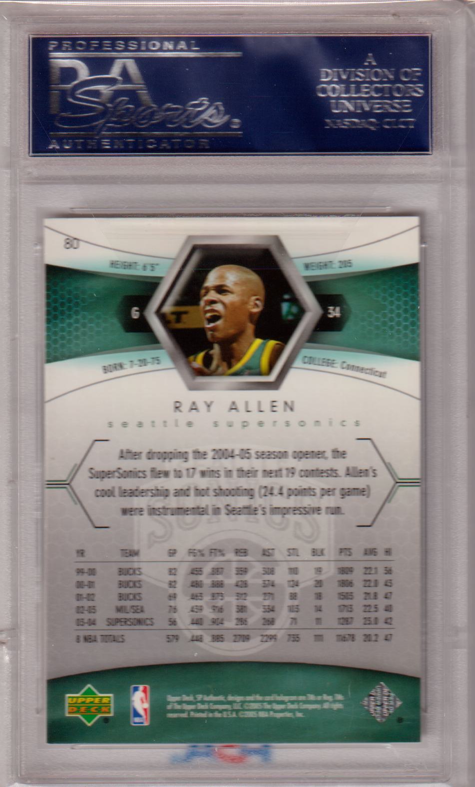 RAY ALLEN 2004 Upper Deck SP Authentic #80 PSA 8.5 NM - MT+ - SONICS - Columbia Hobby - Sports Card Boxes - Toploaders - Card Savers