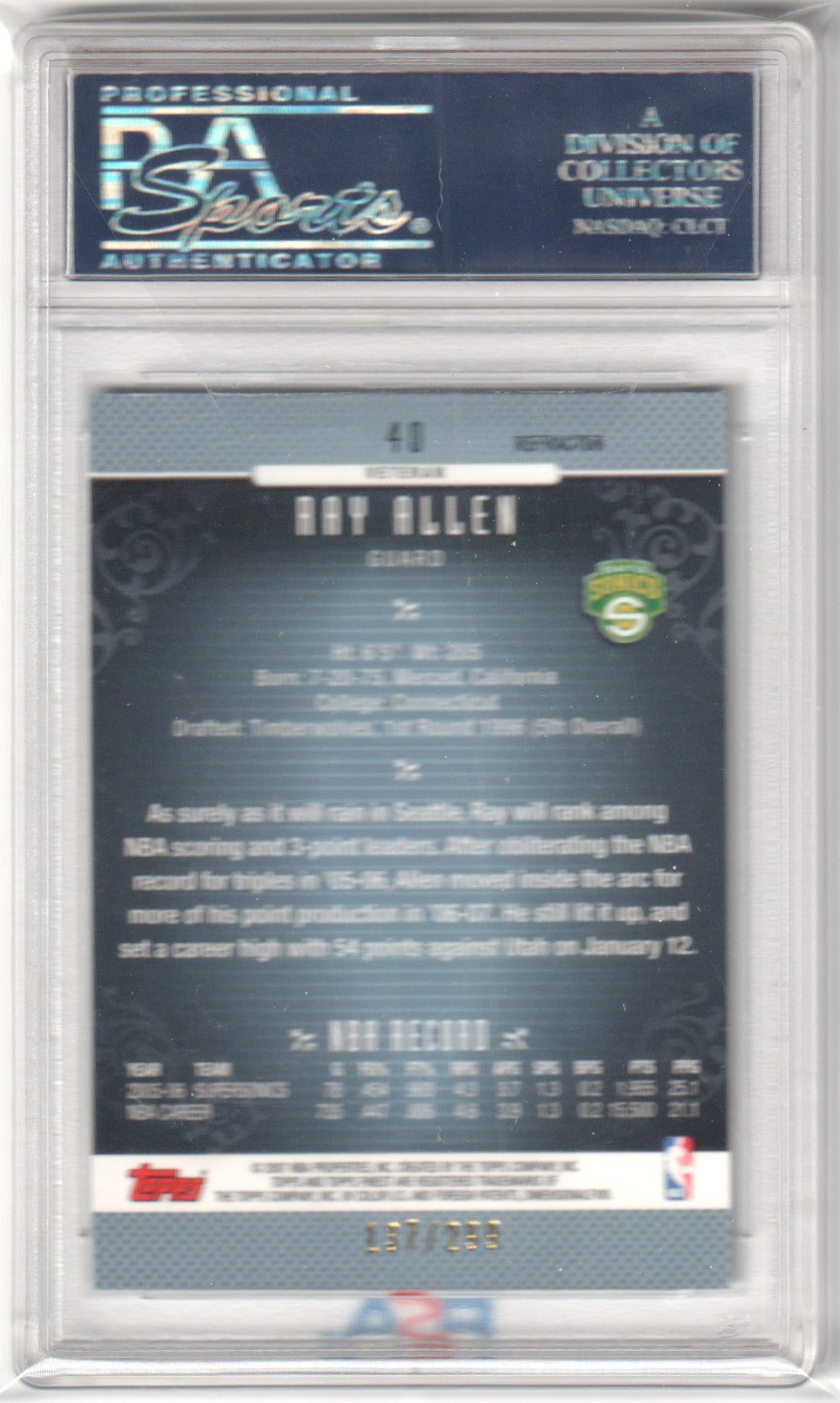 RAY ALLEN 2006 - 07 Topps Finest #40 Blue Refractor #/299 PSA 10 GEM MINT - Columbia Hobby - Sports Card Boxes - Toploaders - Card Savers