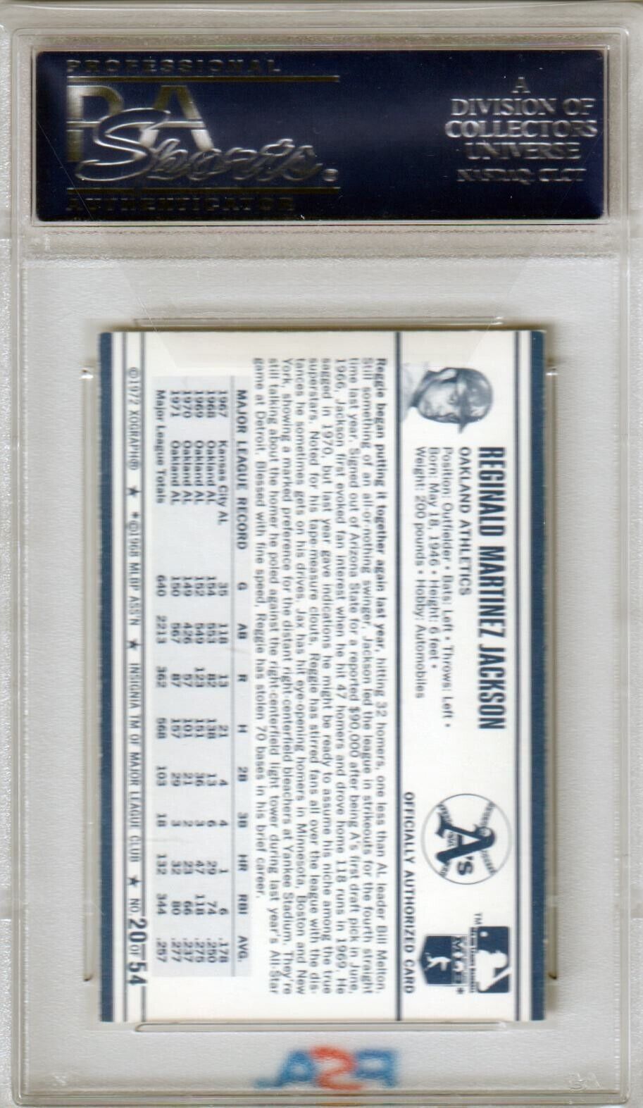REGGIE JACKSON 1972 Kellogg's #20 PSA 8 NM - MT - ATHLETICS - Columbia Hobby - Sports Card Boxes - Toploaders - Card Savers