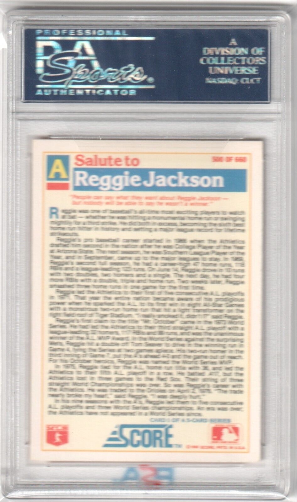 REGGIE JACKSON 1988 Score Autograph Auto #500 PSA DNA Authentic - Columbia Hobby - Sports Card Boxes - Toploaders - Card Savers