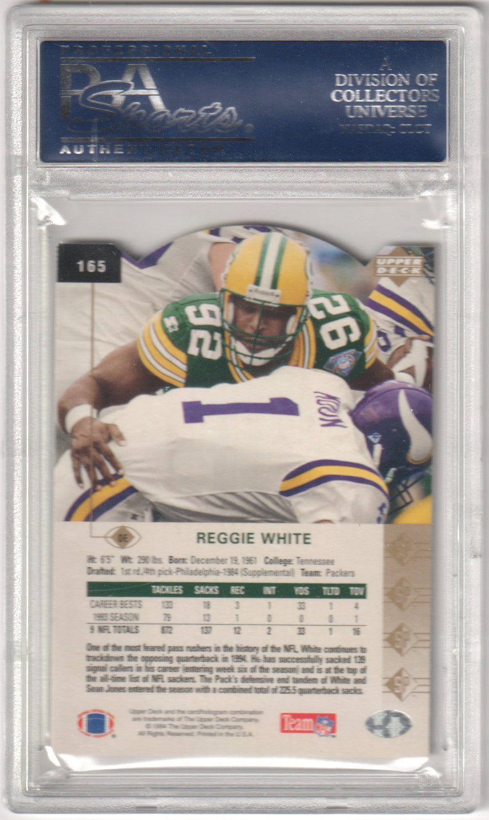 REGGIE WHITE 1994 Upper Deck SP 165 Die Cut PSA 10 GEM MINT - PACKERS - Columbia Hobby - Sports Card Boxes - Toploaders - Card Savers