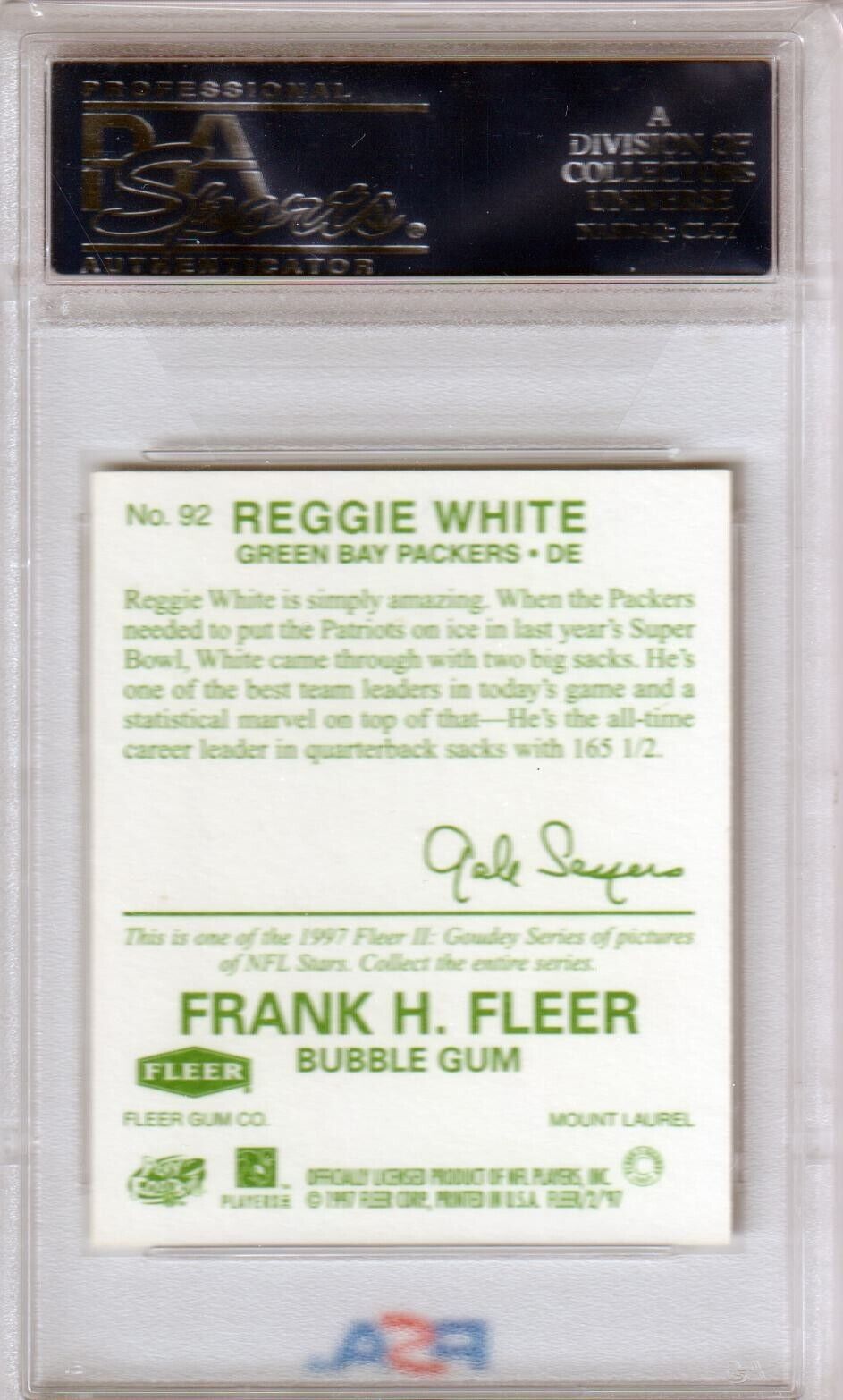 REGGIE WHITE 1997 Fleer Goudey II Gale Sayers #92 PSA 10 GEM MINT - PACKERS - Columbia Hobby - Sports Card Boxes - Toploaders - Card Savers
