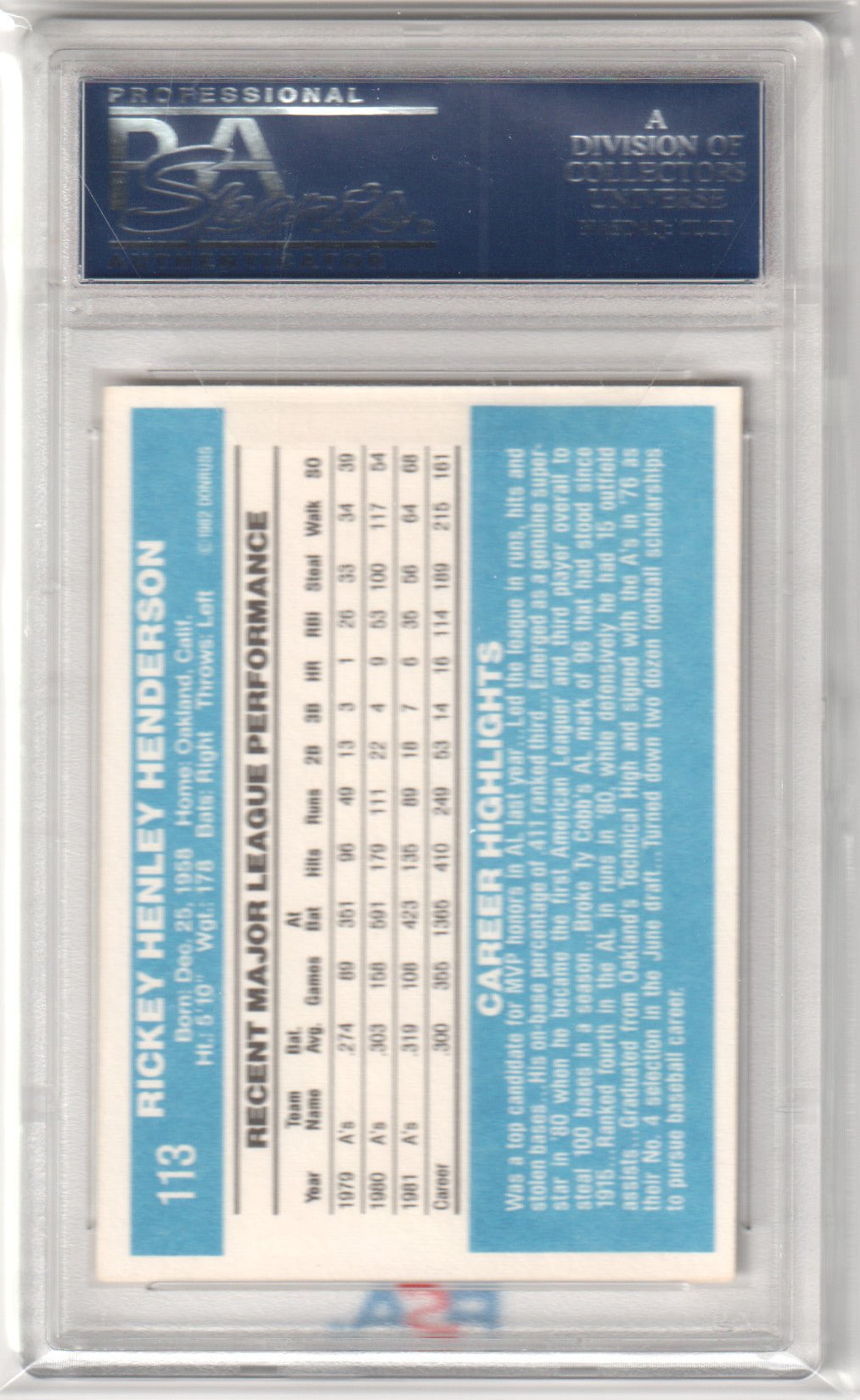 RICKEY HENDERSON 1982 Donruss #113 PSA 8 NM - MT - ATHLETICS - Columbia Hobby - Sports Card Boxes - Toploaders - Card Savers