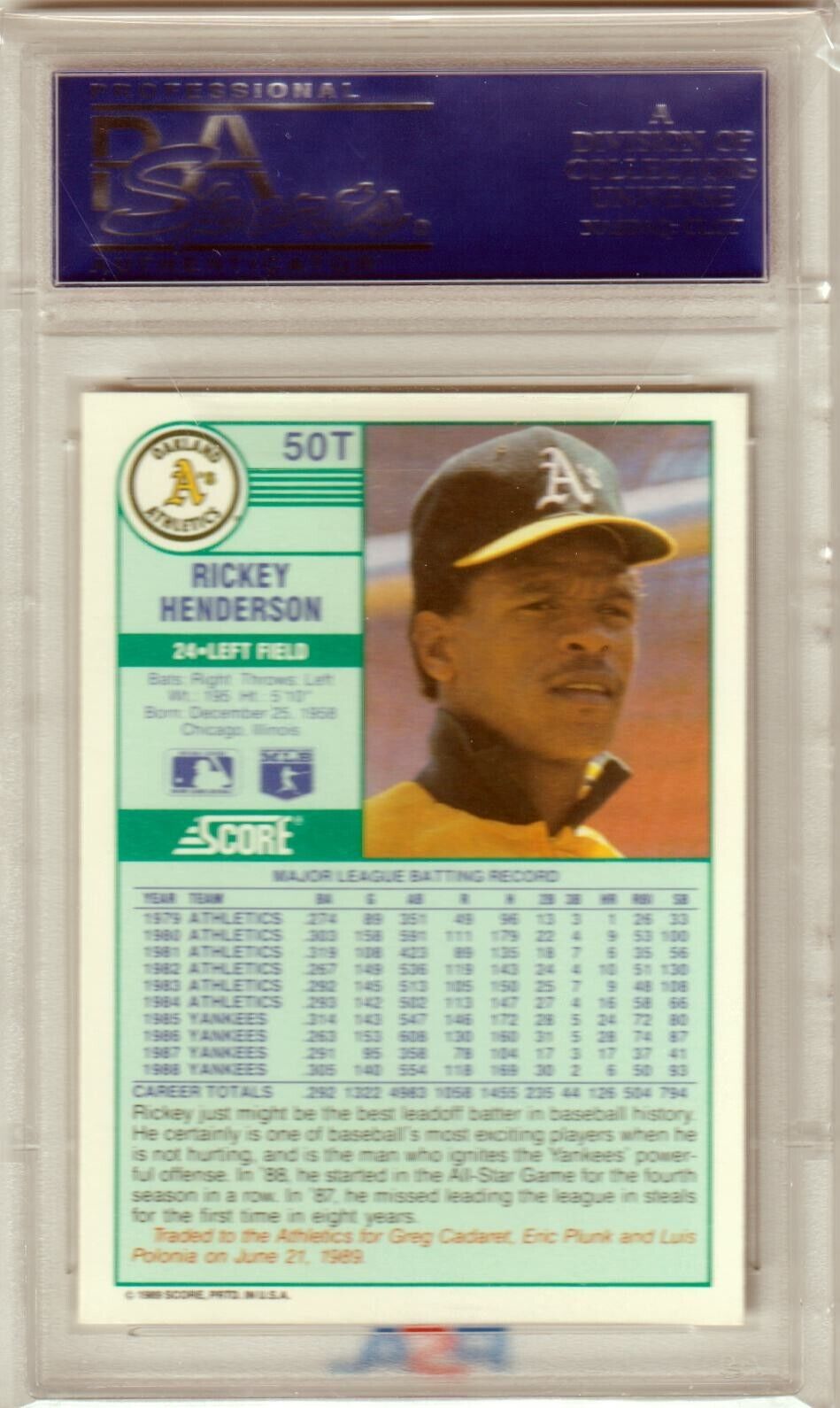 RICKEY HENDERSON 1989 Score Traded #50T PSA 10 GEM MINT - ATHLETICS - Columbia Hobby - Sports Card Boxes - Toploaders - Card Savers