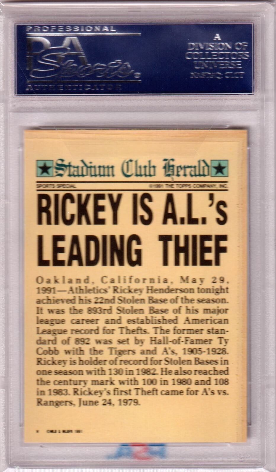 RICKEY HENDERSON 1991 Stadium Club Charter Member PSA 10 GEM MINT ATHLETICS - Columbia Hobby - Sports Card Boxes - Toploaders - Card Savers
