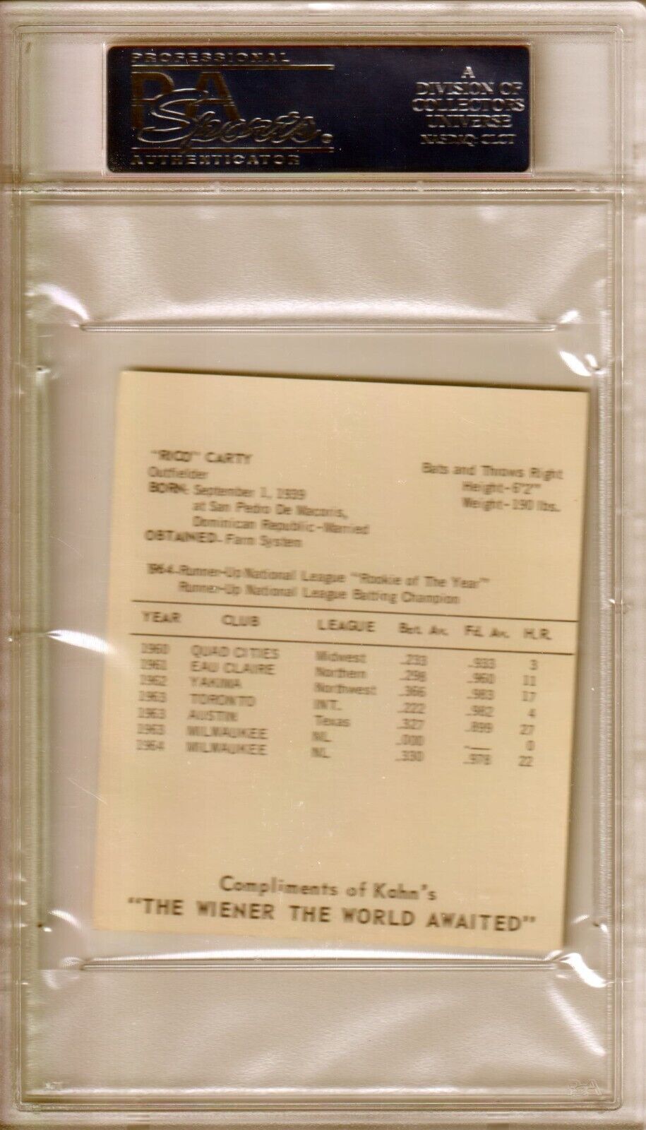 RICO CARTY 1965 Kahn's Wieners PSA 9 MINT - BRAVES - Columbia Hobby - Sports Card Boxes - Toploaders - Card Savers