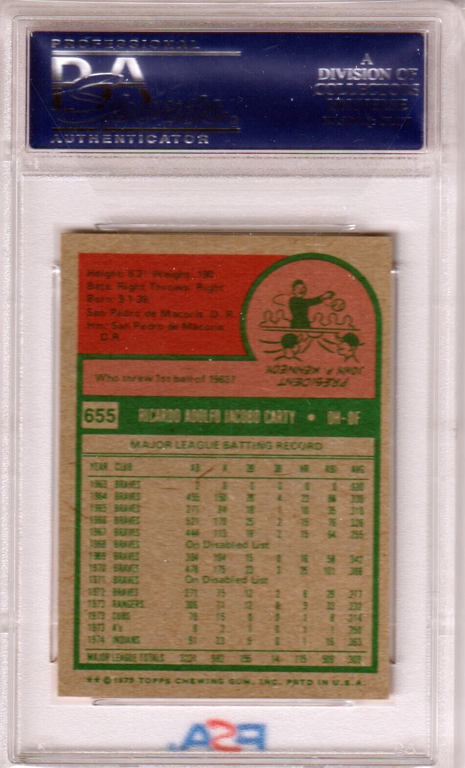 RICO CARTY 1975 Topps #655 PSA 8 NM - MT - INDIANS - Columbia Hobby - Sports Card Boxes - Toploaders - Card Savers