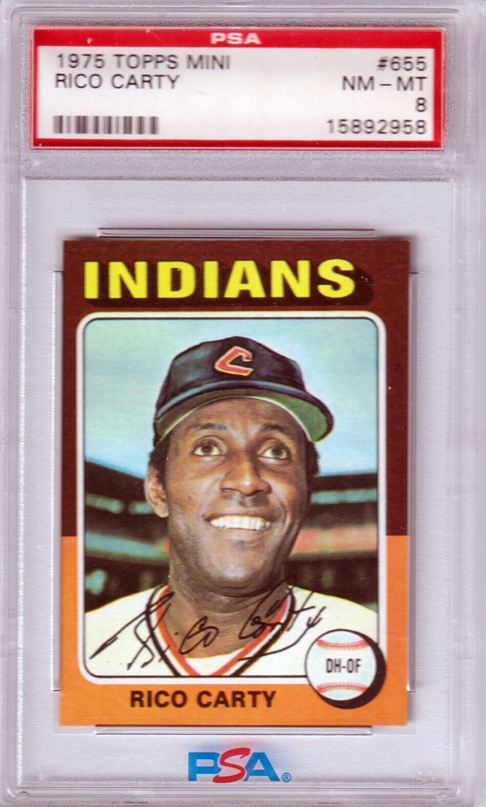 RICO CARTY 1975 Topps #655 PSA 8 NM - MT - INDIANS - Columbia Hobby - Sports Card Boxes - Toploaders - Card Savers