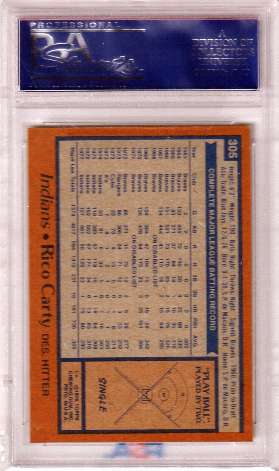 RICO CARTY 1978 Topps #305 PSA 9 MINT - INDIANS - Columbia Hobby - Sports Card Boxes - Toploaders - Card Savers