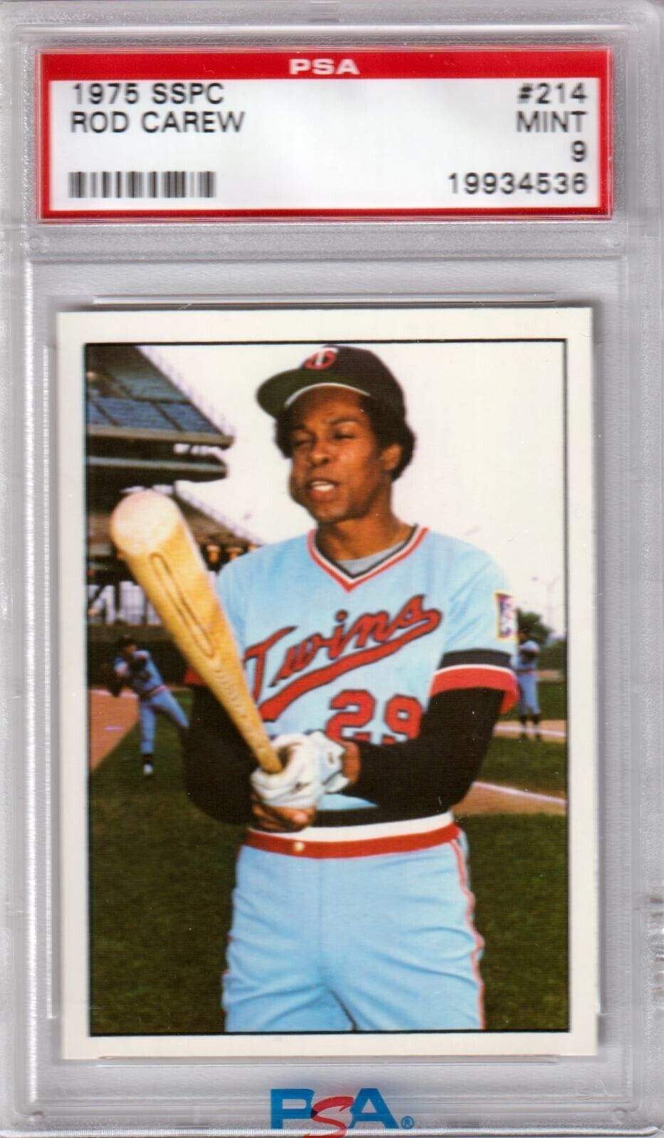 ROD CAREW 1975 SSPC #214 PSA 9 MINT - TWINS - Columbia Hobby - Sports Card Boxes - Toploaders - Card Savers