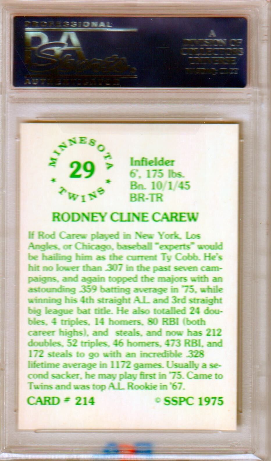 ROD CAREW 1975 SSPC #214 PSA 9 MINT - TWINS - Columbia Hobby - Sports Card Boxes - Toploaders - Card Savers