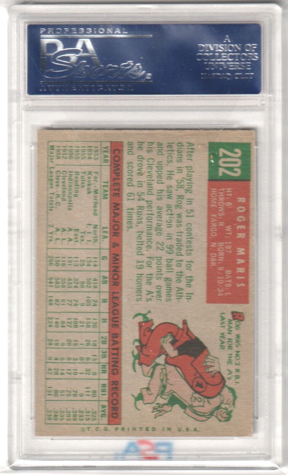 ROGER MARIS 1959 Topps #202 Graded PSA 6 EX - MT - Columbia Hobby - Sports Card Boxes - Toploaders - Card Savers