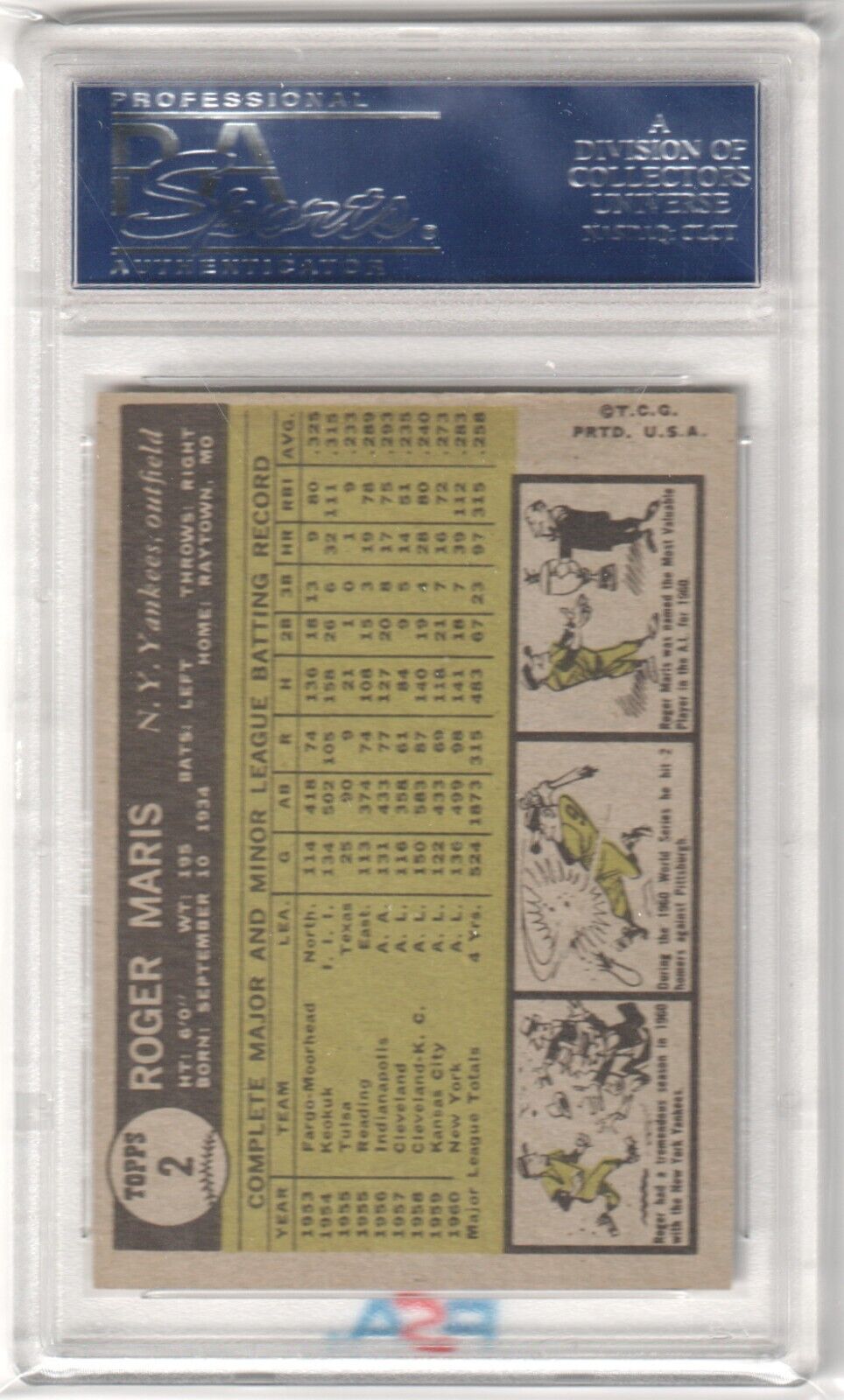 ROGER MARIS 1961 Topps #2 PSA 6 EX - MT - YANKEES - Columbia Hobby - Sports Card Boxes - Toploaders - Card Savers