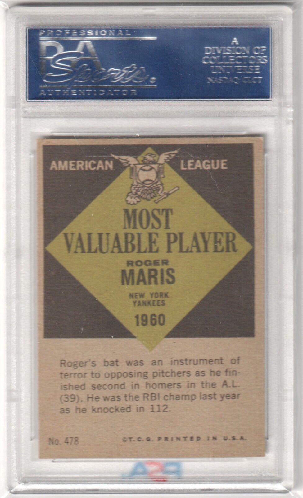ROGER MARIS 1961 Topps MVP #478 PSA 7 NM - YANKEES - Columbia Hobby - Sports Card Boxes - Toploaders - Card Savers