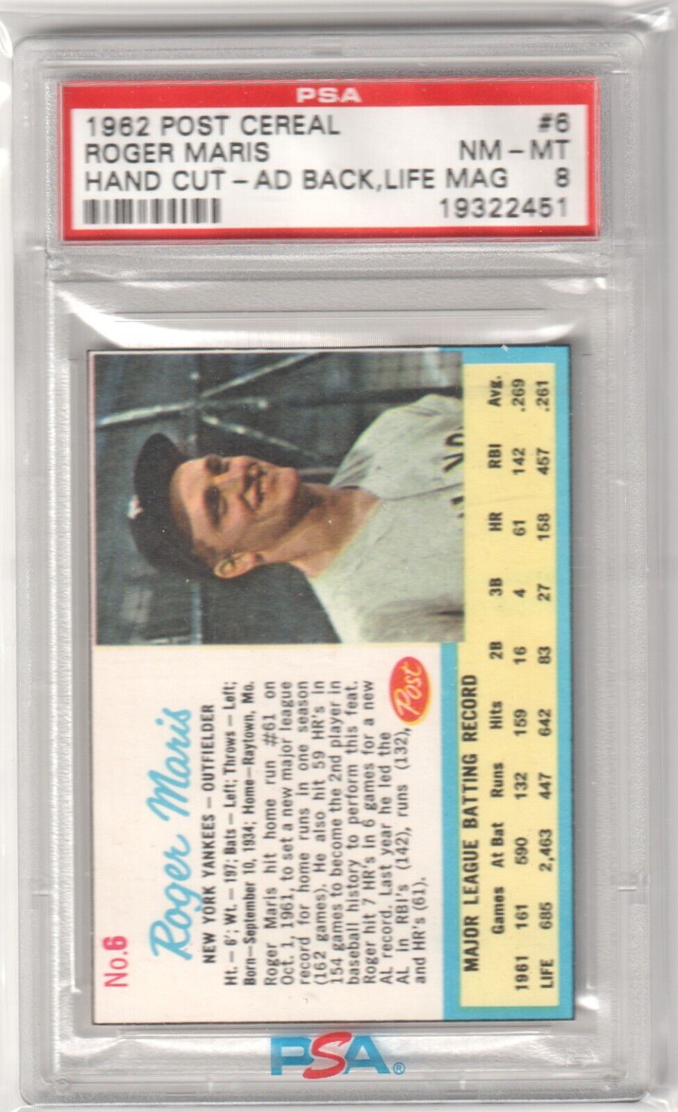 ROGER MARIS 1962 Post Cereal Ad Back Life Mag #6 PSA 8 NM - MT - YANKEES - Columbia Hobby - Sports Card Boxes - Toploaders - Card Savers