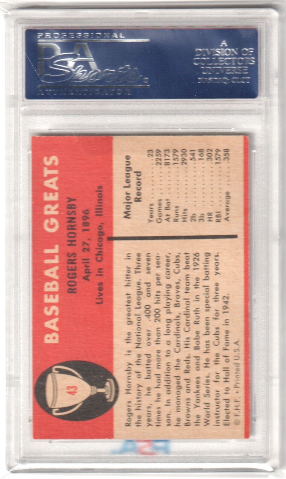ROGERS HORNSBY 1961 Fleer Baseball Greats #43 Graded PSA 8 NM - MT - CUBS - Columbia Hobby - Sports Card Boxes - Toploaders - Card Savers