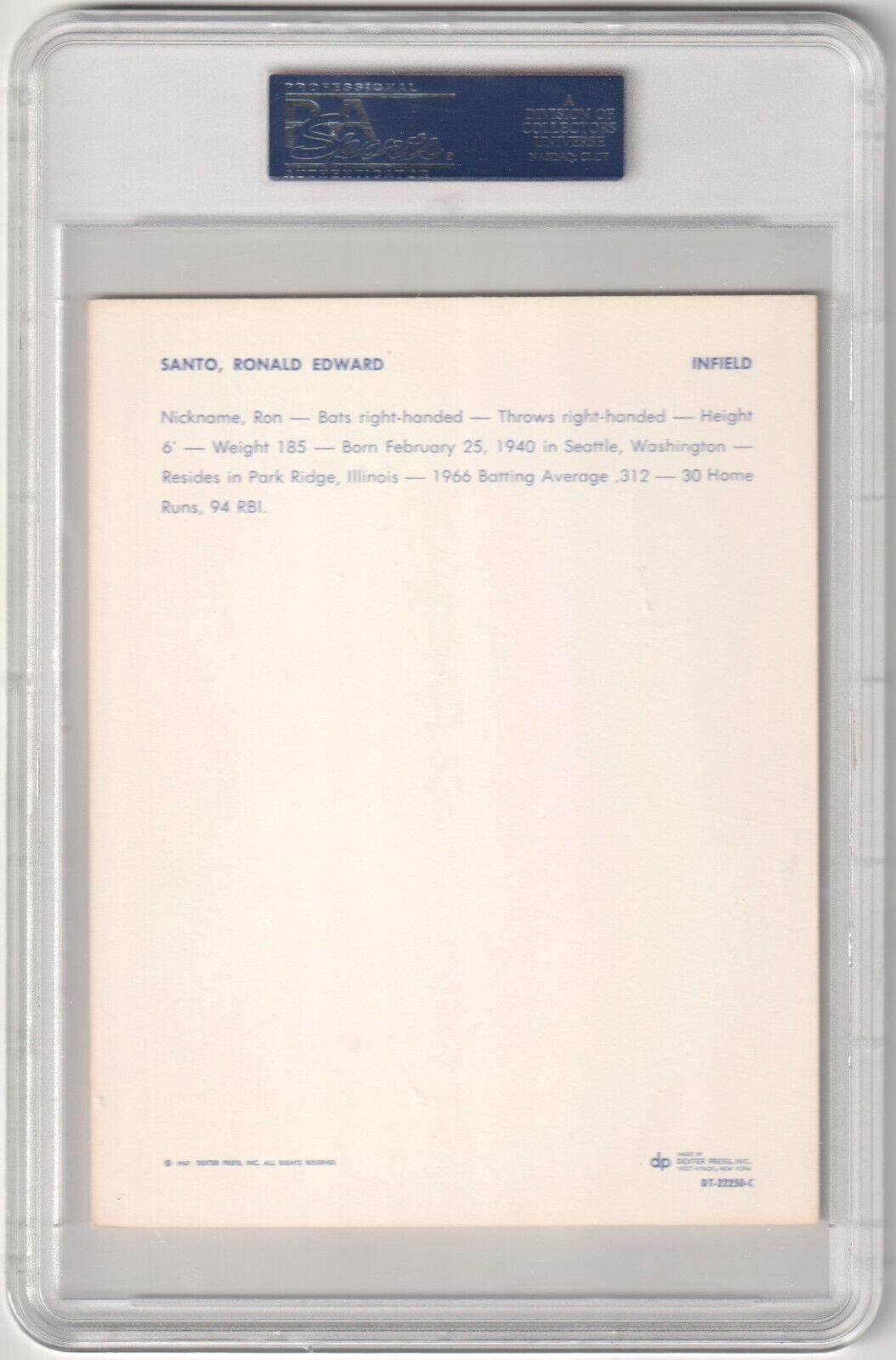 RON SANTO 1967 Dexter Press Premiums PSA 6 EX - MT - CUBS - Columbia Hobby - Sports Card Boxes - Toploaders - Card Savers