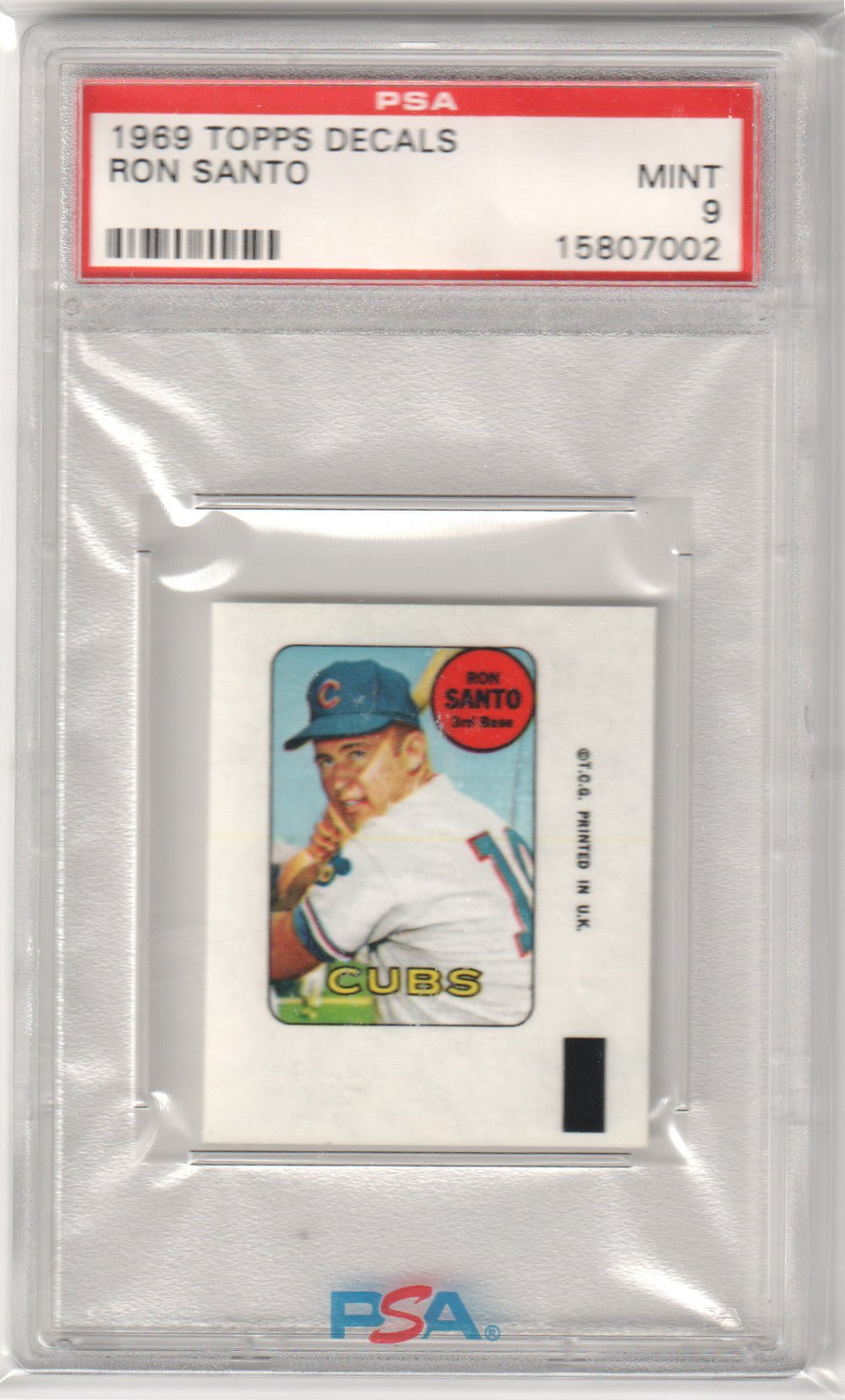 RON SANTO 1969 Topps Decals PSA 9 MINT - CUBS - Columbia Hobby - Sports Card Boxes - Toploaders - Card Savers