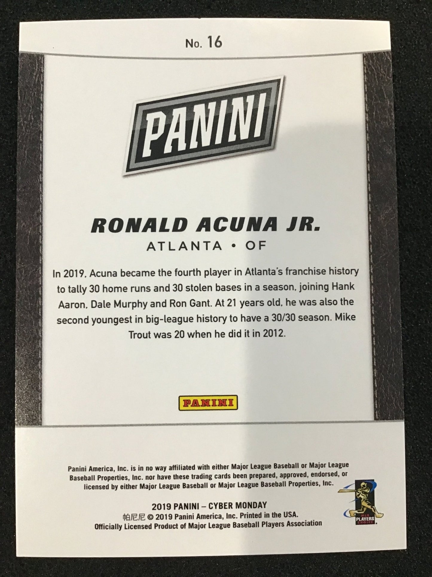 Ronald Acuna Jr. 2019 Panini Cyber Monday #16 Future Frames /99 SP Braves - Columbia Hobby - Sports Card Boxes - Toploaders - Card Savers